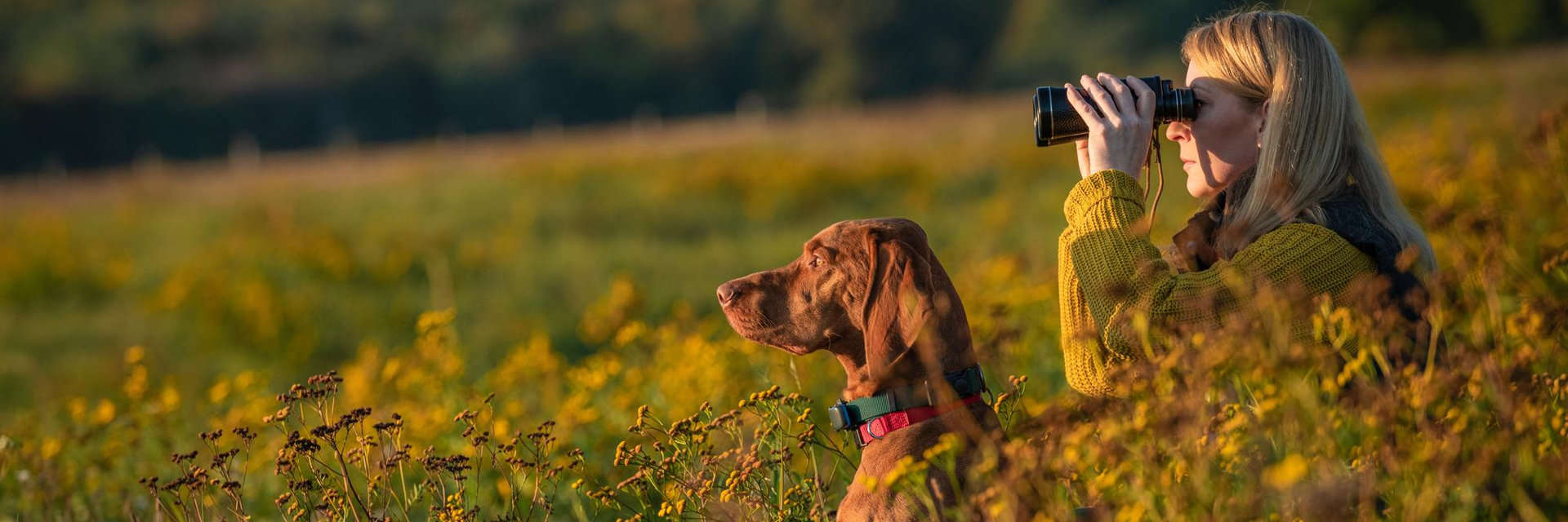 Joven Cazadora Que Usa Binoculares para Observar Aves con su perro al lado