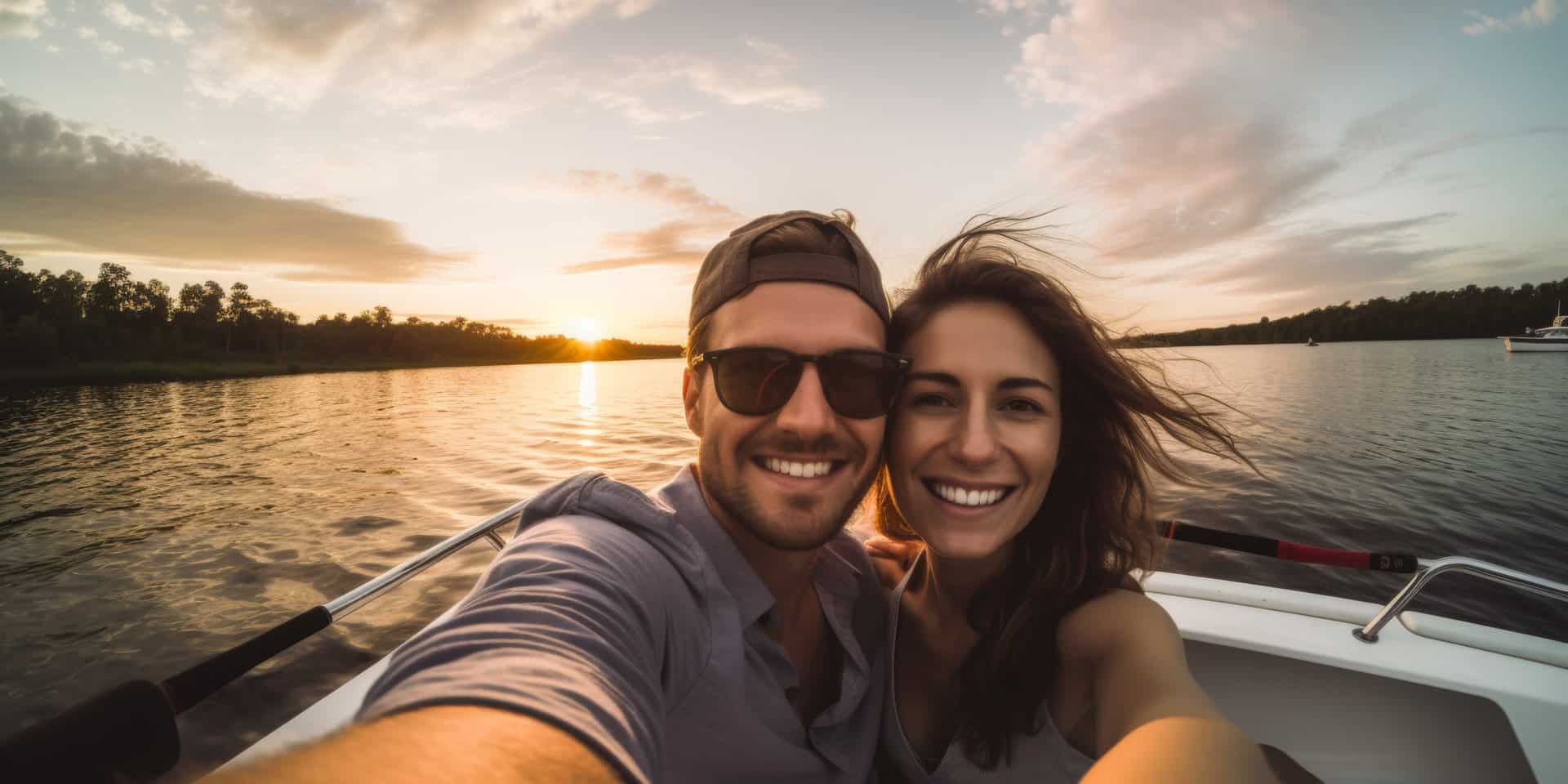 Pareja viaje de vacaciones haciendo selfie en un barco Barco