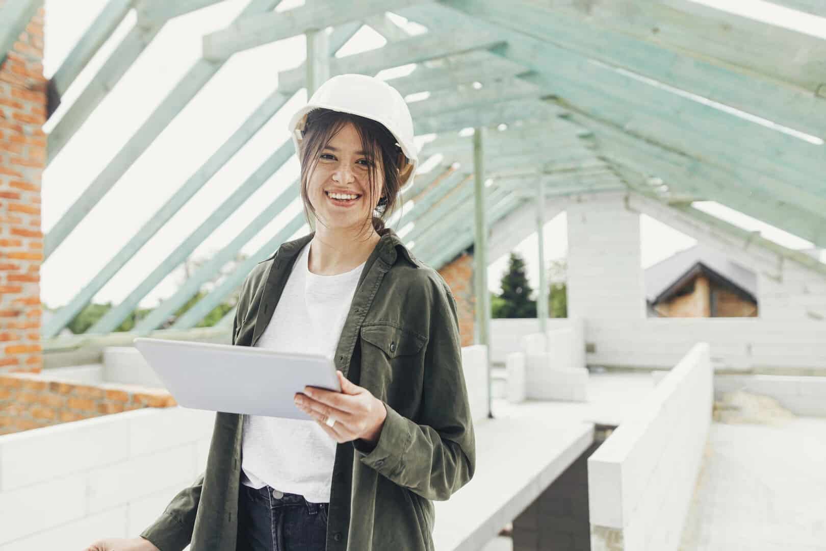 Arquitecta O Ingeniera Elegante Feliz Planos Comprobacion Tabletas Estructura Techo Madera (1)